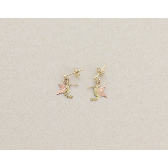 10k Yellow Gold Black Hills Gold Hummingbird Earrings Dangle Drop 1/2" x 3/8" - Picture 3 of 7